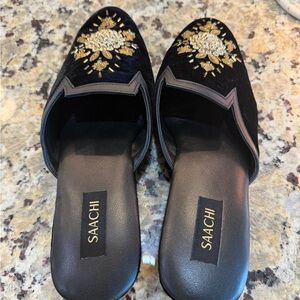 SAACHI Black Slip-On Mules with Gold Bead Floral Embellishment